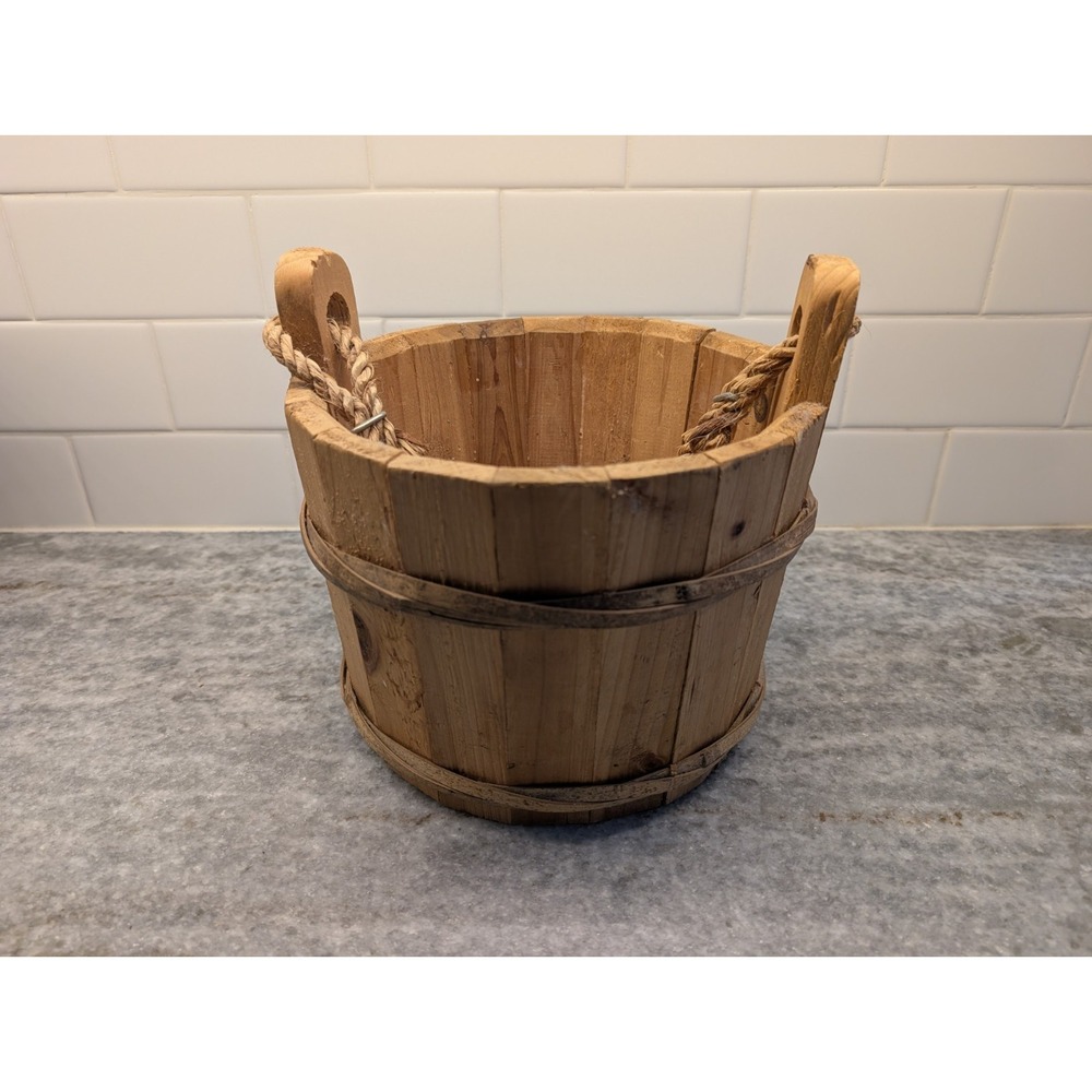 Rustic Wooden Bucket Pail Rope Handle Blue White Ceramic Grip Farmhouse Decor
